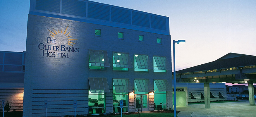 The Outer Banks Hospital Entrance at night