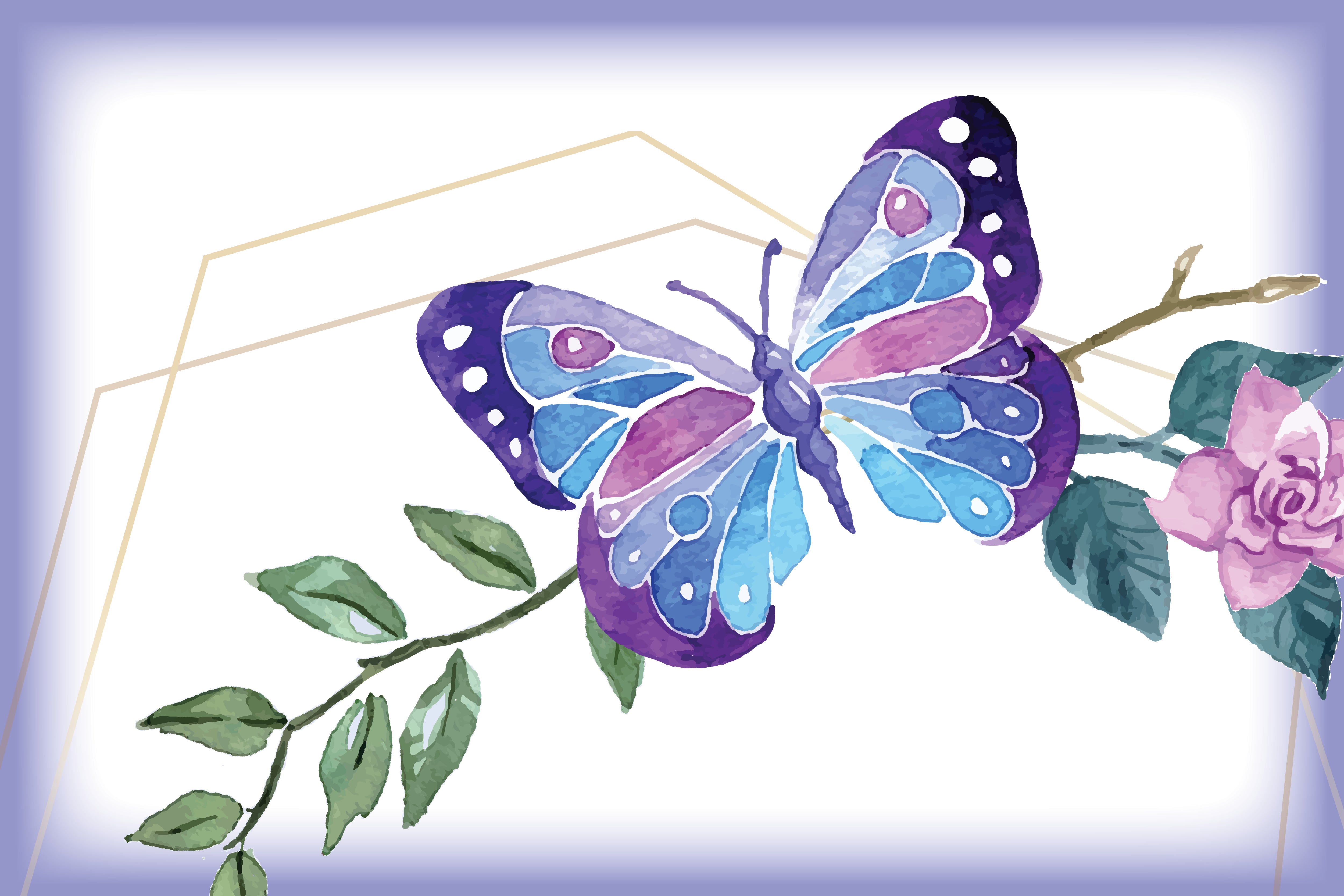 A beautiful watercolor butterfly resting on a rose bush branch.