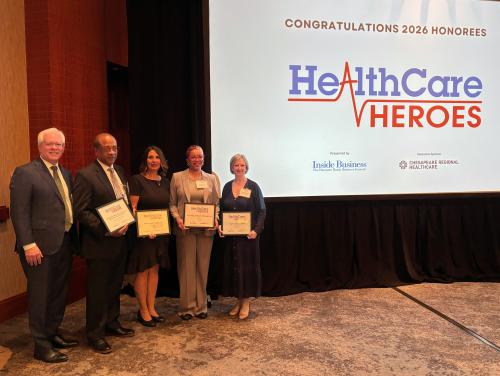 Reese Jackson with Healthcare Hero winners (L-R): Kimberly Whitaker, Cari Robinson, Kimberly Green, Sherwood Moore, standing in for Dr. Ashesh Buch.
