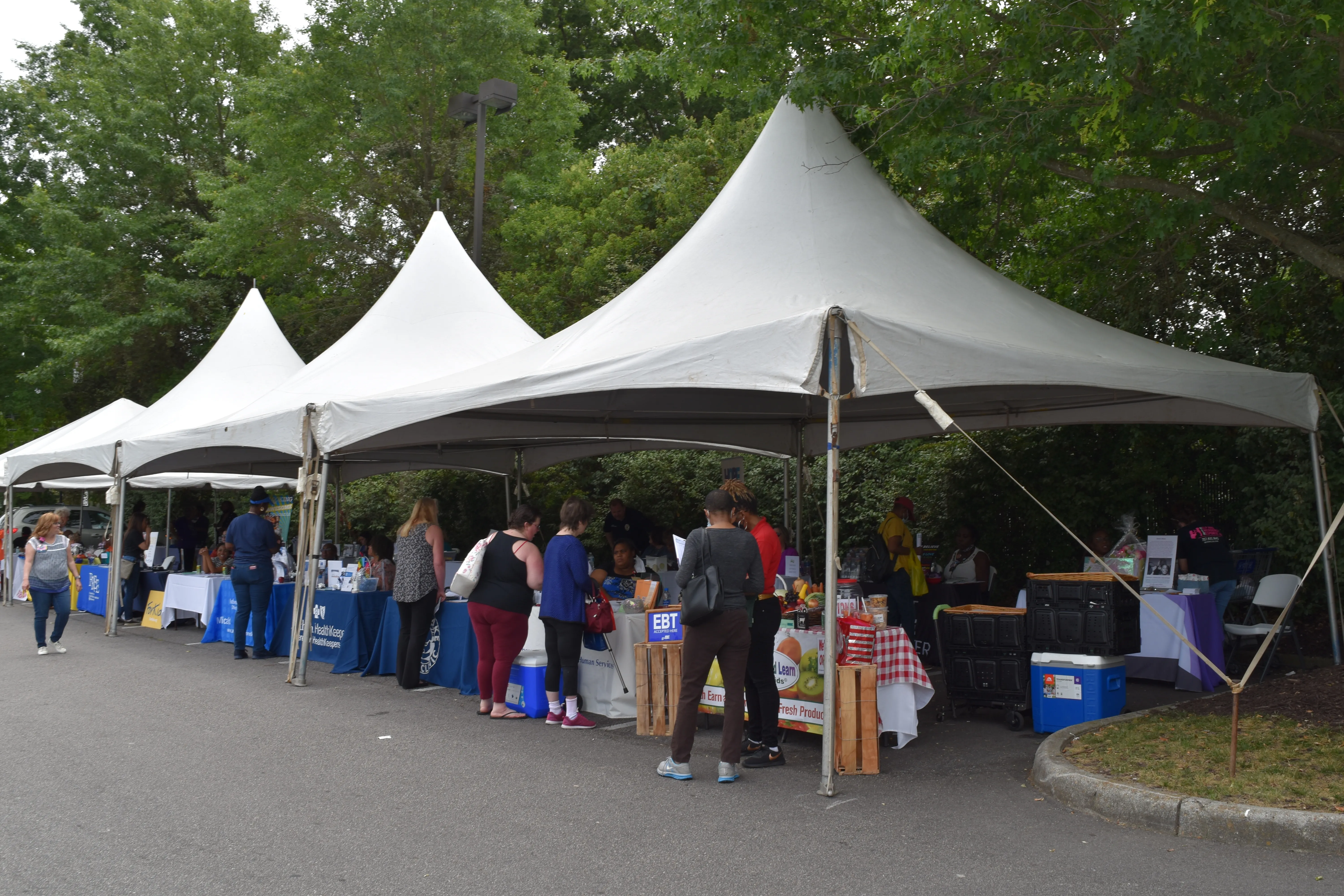 Women's Wellness Wednesday event with tables under tents and people representing various community organizations ready to help women from South Norfolk live healthier lives.